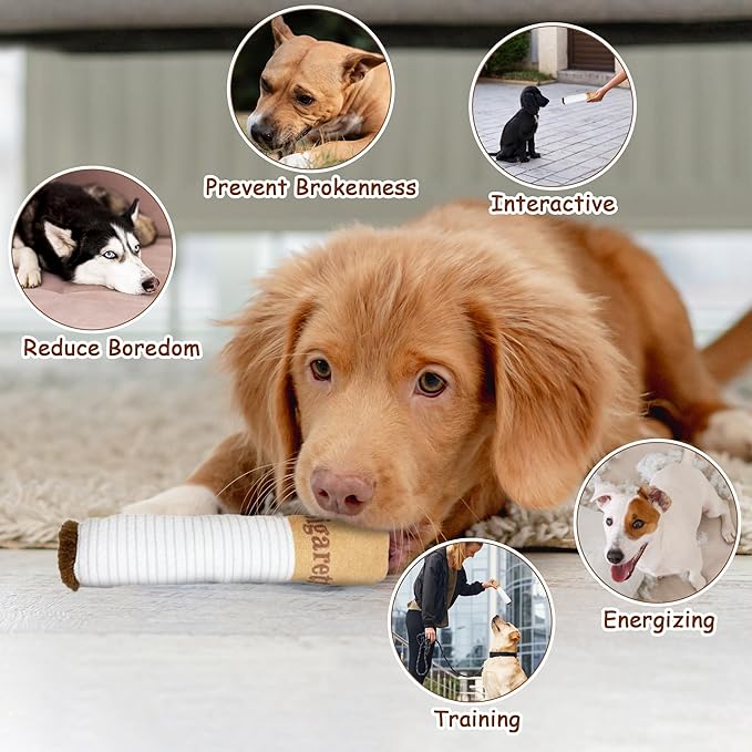 Funny Cigarettes Dog Toy - 4Pcs Interactive Dog Teething Toys Squeaky Cigar Pet Toy Indoor Bite Kick Plush Dog Cat Toys Supplies for Puppies Small Dogs Pet Present Cats Pet Lovers Gift