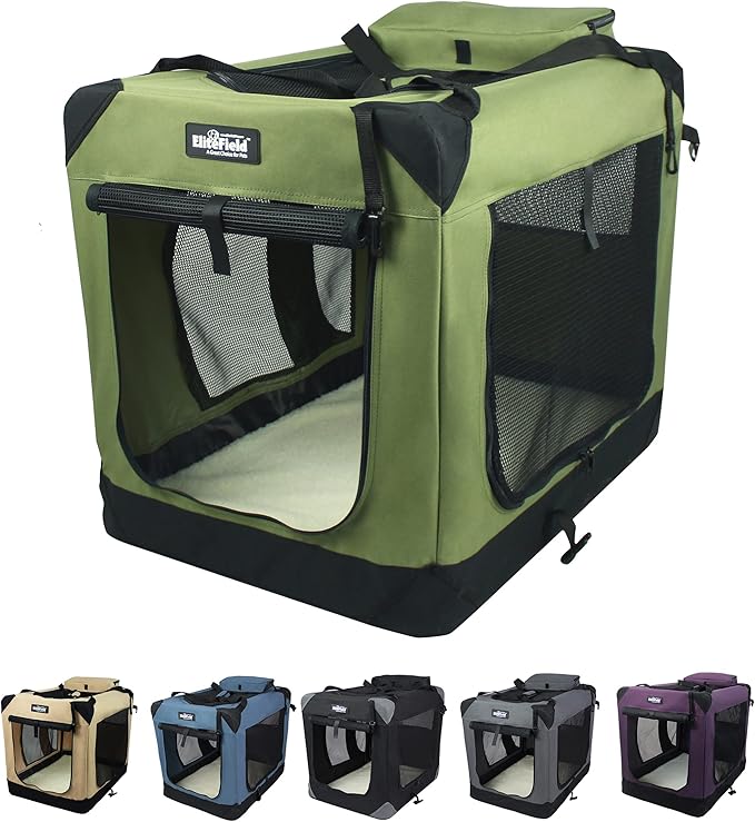 EliteField 3-Door Folding Soft Dog Crate with Carrying Bag and Fleece Bed (2 Year Warranty), Indoor & Outdoor Pet Home (36" L x 24" W x 28" H, Sage Green)