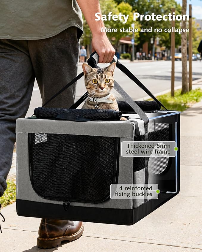 Pecute Dual Compartment Pet Carrier for Multi-Cat Families & Small Dog Owners, Collapsible Dog Crate with Reinforced Steel Frame, Car Safety Design for Travel, Vet Visits & Home Use, Gray