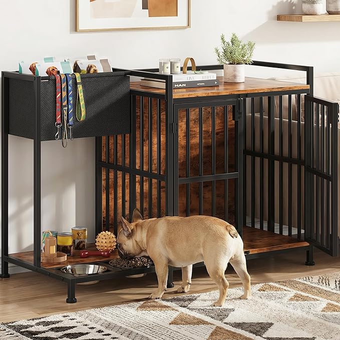 AFLUI 41.4'' Dog Crate Furniture with Built-in Feeding Station and Storage Bag, Wooden Dog Kennel Indoor End Table with Double Front Doors for Small/Medium Dogs, Rustic Brown