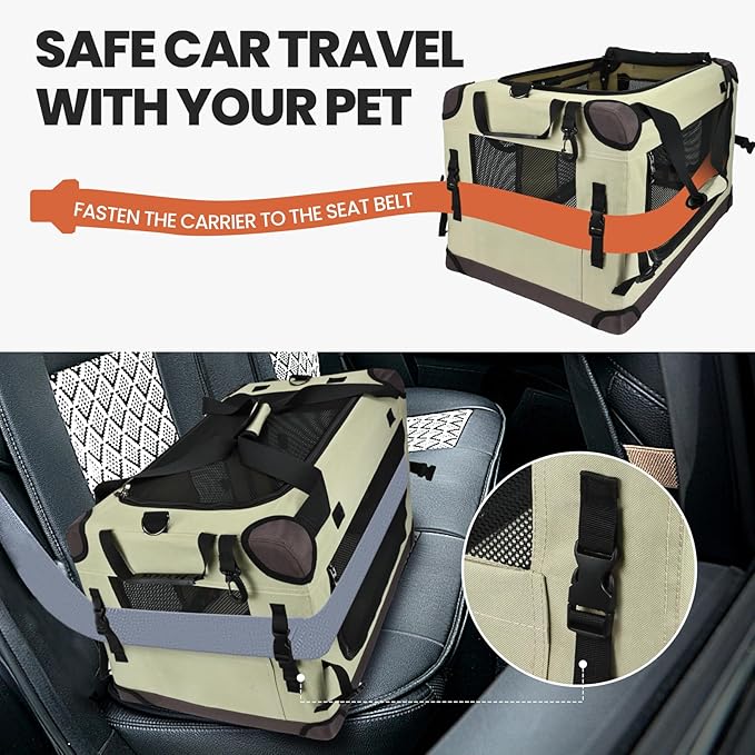 PEGIC Large Cat Carrier for Car Travel, Soft Sided Collapsible Pet Carrier for Outdoor and Indoor Uses, Roomy Extra Large Carrier for 2 Kittens, Large Cat or Puppies up to 50lbs, Brown