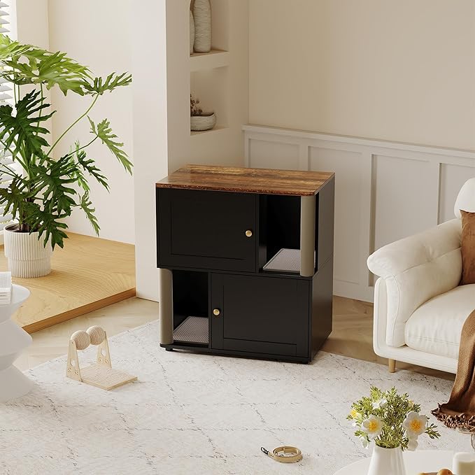Double Cat Litter Box Enclosure for 2 Cats – 2-Layer Hidden Litter Box Furniture with Scratching Posts & Litter Mats, Space-Saving Modern Wooden Cat Washroom, End Table for Living Room, White Door