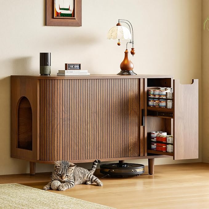 IRONCK Cat Litter Box Enclosure with Sliding Tambour Door – Wooden Hidden Cat House Furniture with 2-Layer Drawer, Side End Table for Living Room, Brown