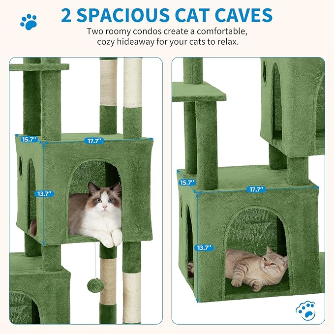 GarveeLife 61" Multi-Level Cat Tree for Indoor Cats, Heavy-Duty Tower for Large Adult & Maine Coon Cats with Oversized Perch, Dual Condos, Natural Sisal Scratching Posts & Play Toys – Green