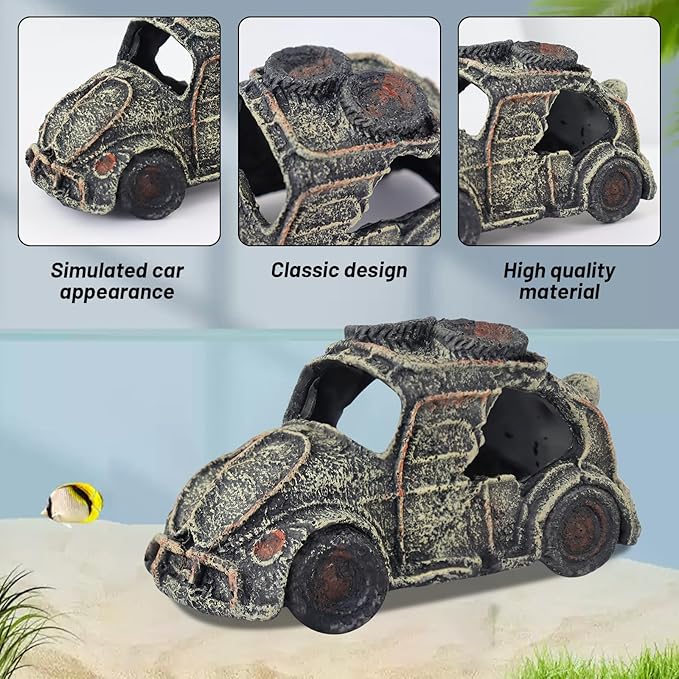 WishLotus Car Wreckage Aquarium Cave Decoration, Resin Fish Tank Decorations Creativity Sinking Car Fish Shelter for Aquatic Pets Hide and Breed (CAR 1)