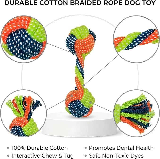 Cotton Rope Dog/Cat Toy, Handmade Braided Dumbbell Style Crew Toy, Multicolor Chew Toy for Dogs/Cats, Tough Dental Knot (1-Piece Set)