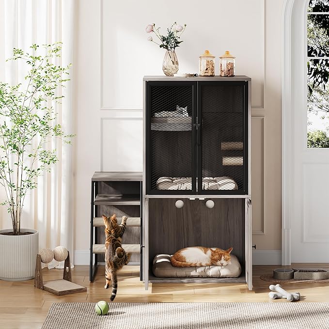 GarveeLife Cat Litter Box Enclosure with Doors, Double Cat House with Storage Space, Enclosed Litter Box Furniture with Ladder, Grey