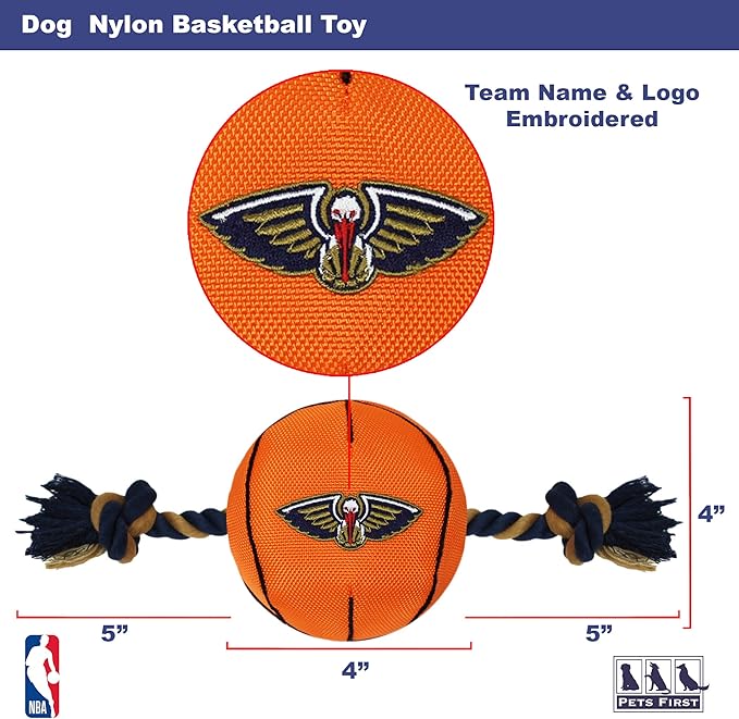 Pets First NBA New Orleans Pelicans Basketball Toy. - Tough Nylon Pet Toy with Tug Ropes & Inner Squeaker, One Size, NOP-3105