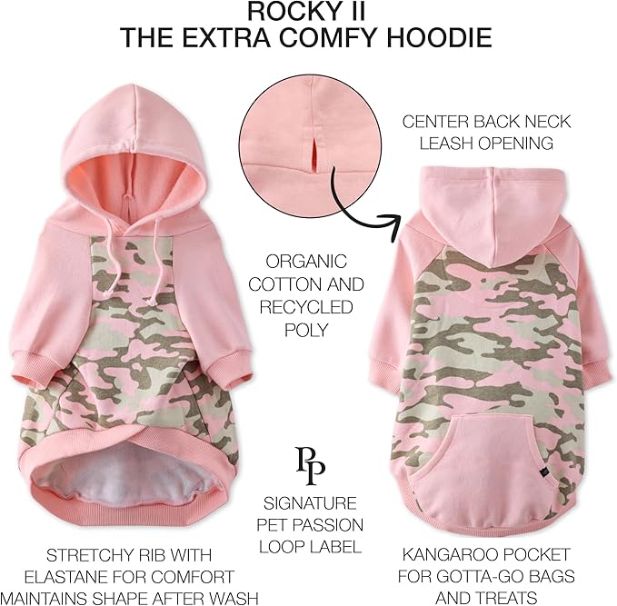 Pet Passion Rocky II - The Extra Comfy Hoodie, Organic Cotton and Recycled Poly Dog Hoodie Pet Coat Sweater for Small, Medium, Large Dogs, Pink Half Camo, XXX-Small (up to 5lbs)