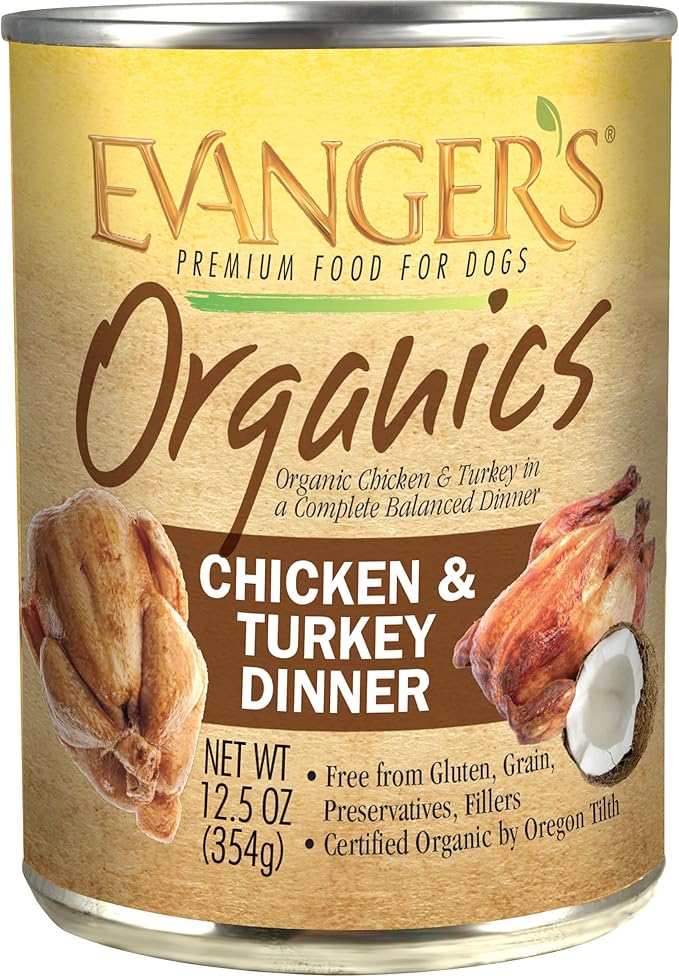 Evanger's Organics Chicken & Turkey Dinner for Dogs – 12 Count, 12.5 oz Each – Qualified Organic, Grain Free, GMO Free – Nutrient-Dense Recipe with Organic Vegetables – Wet Dog Food