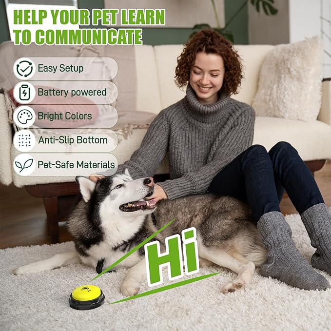 Dog Buttons for Communication, 6 Pack Recordable Talking Buttons for Dog Training with 30 Seconds Voice Recording | Includes Non-Slip Mat & Dog Bath Brush Present Set