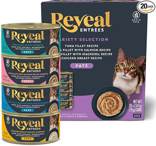 Reveal Entrées Natural Wet Cat Food Paté, Grain-Free with Added Vitamins & Minerals, Carrageenan-Free and High Protein, Variety Selection in Pate (20 x 2.47 oz cans)