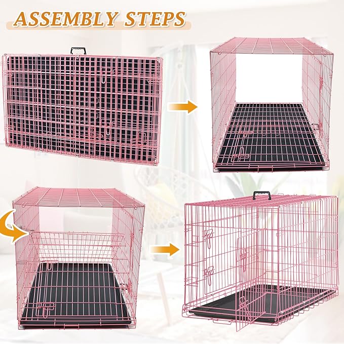 Dog Crate, Folding Portable Outdoor Large Two Door Metal Cat Dog Cage with ABS Tray LC Panel Floor Protecting Feet Wire Animal Pet Dog Kennel with Divider