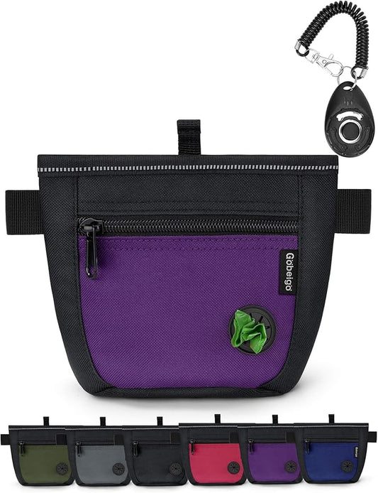 Gobeigo Dog Treat Pouch and Training Clicker, Upgrade Two Magnetic Closure to Prevent Spills, 2 Cup Treat Bag with Poop Bag Dispenser, Metal Clip Waist Belt Fanny Pack for Pet Walk (Black/Purple)
