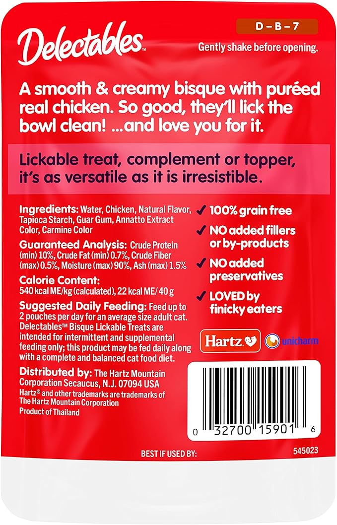 Delectables Lickable Treat Bisque Non-Seafood Wet Cat Treat with Real Chicken, Food Topper, Hydrating, Grain-Free, No Fillers, By-Products, Added Preservatives, 1.4oz Pouch, 12ct