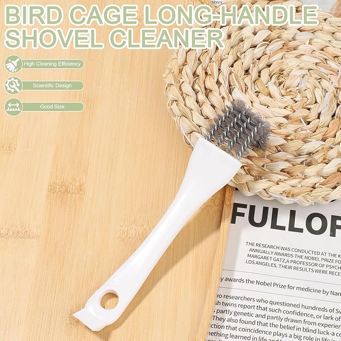 Penitue 3pcs Bird Cage Cleaner Set, Bird Cage Long Handle Shovel Cleaner with Scraper Droppings Brush Tool for Small Animal Parakeet Parrot Hamster Pet Cages Cleaning Accessories