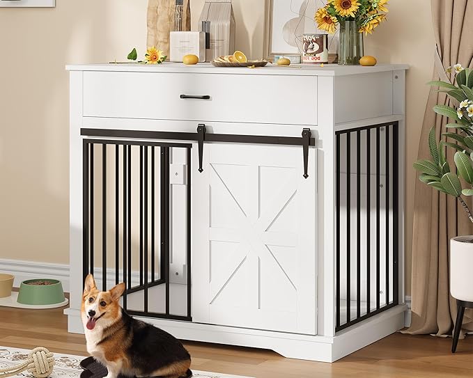 GarveeHome Dog Crate Furniture, 37.8" Large Dog Kennel Indoor, Wooden Kennel Table with Sliding Barn Door and Storage Drawer, Indoor Dog House for Large/Medium/Small Dogs