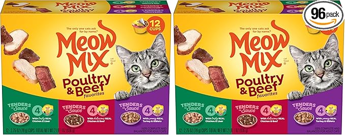 Meow Mix Tenders in Sauce Wet Cat Food,Poultry & Beef Variety Pack,2.75 Ounce Cup,(Pack of 96)