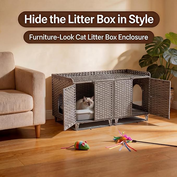 Cat Litter Box Enclosure Furniture, Handwoven Rattan Cat Houses, Hidden Cat Washroom Furniture with Door/Mat, Large Space Cat Houses with S-Shaped Hooks, Living Room, Bedroom, Gray
