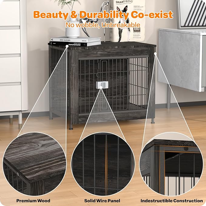 Escape Proof Decorative Dog Crate Furniture with Wooden Top, 27in Furniture Style End Table and Secure Indoor Kennel, Anti Anxiety for All Breeds, Rustic Brown