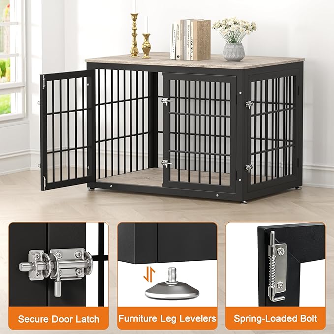 rehomerance 42 Inch Heavy Duty Dog Crate Furniture for Large and Medium Dogs, Decorative Pet House End Table, Wooden Cage Kennel Furniture Indoor, Grey