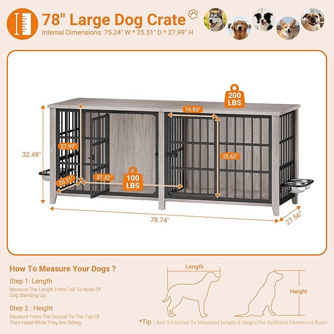 Lulive 78-Inch Extra Large Wooden Dog Crate – Multi-Functional Furniture for Large or Multiple Dogs (Grey)