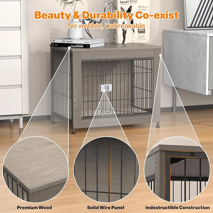 Escape Proof Decorative Dog Crate Furniture with Wooden Top, 27in Furniture Style End Table and Secure Indoor Kennel, Anti Anxiety for All Breeds, Greige
