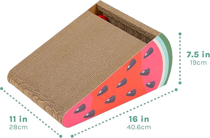 Kitty City Watermelon Slice Corrugate Cat Scratcher with Ball Track Toy - Angled Scratch Pad Lounger, Horizontal Corrugate Nail File Bed for Indoor Kittens, Kitty Enrichment & Play, 16” x 11”