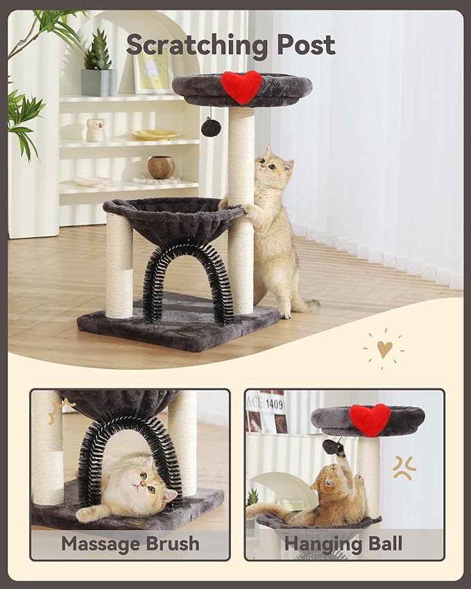 Simple Deluxe 27.8" Small Cat Tree Tower for Indoor Cats, Multi-Level Cute Cat Tree with Scratching Post| Plush Hammock| Perch| Replaceable Cover| Groomer Brush| Dangling Ball for Kittens Play & Rest