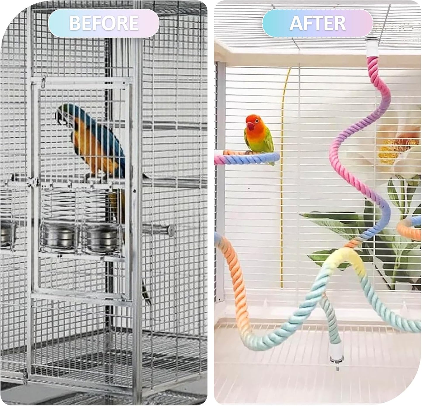 3Pcs Rope Perches for Bird Cages, Gradient Colorful Bendable Climbing Toy for Parrots, Cockatiels, Budgies & More, Bird Swings & Ladders for Medium Birds