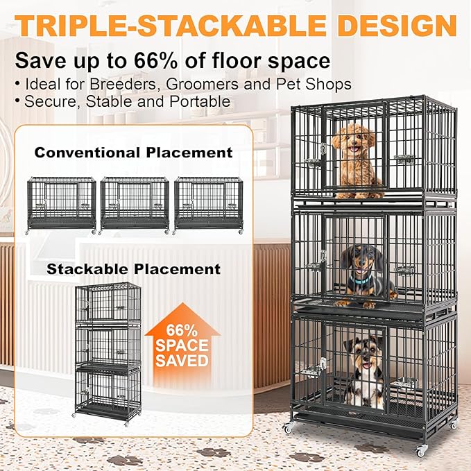 Homey Pet 4 Pack Three Tiers 37 Inch Dog Crate, Escape Proof Dog Cage Kennel Indoor with Top Access and Lockable Wheels, Removable Tray, Heavy Duty Dog Crates for Medium/Small Dogs