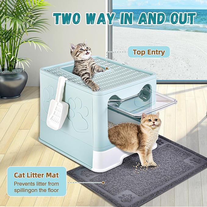 Cat Litter Box with Litter Mat, Foldable Extra Large Free in and Out/One-Way with Lid, Drawer Type Enclosed Kitty Litter Box,Odor Control Anti-Splashing Easy Cleaning (Light Blue)