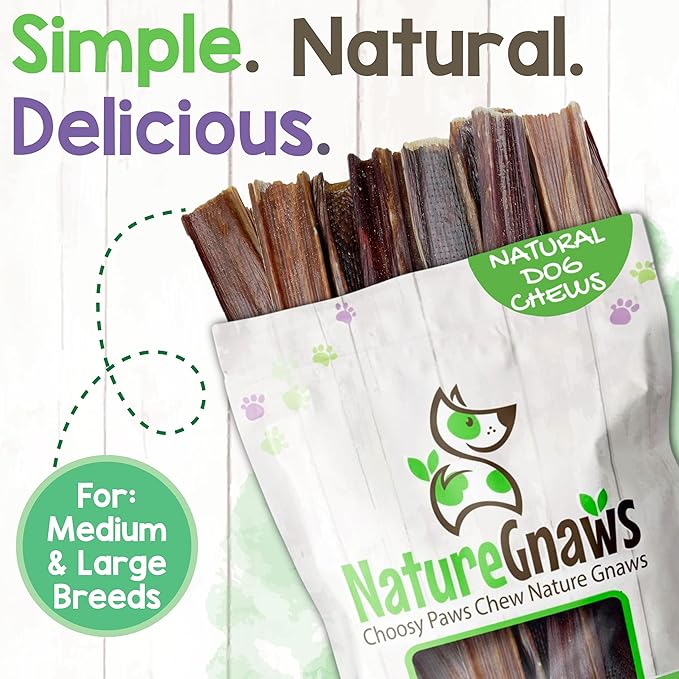Nature Gnaws Beef Gullet Chews for Large Dogs 9-10" (50 Count) - Natural Beef Jerky Stick Dog Chew Treats - Rawhide Free