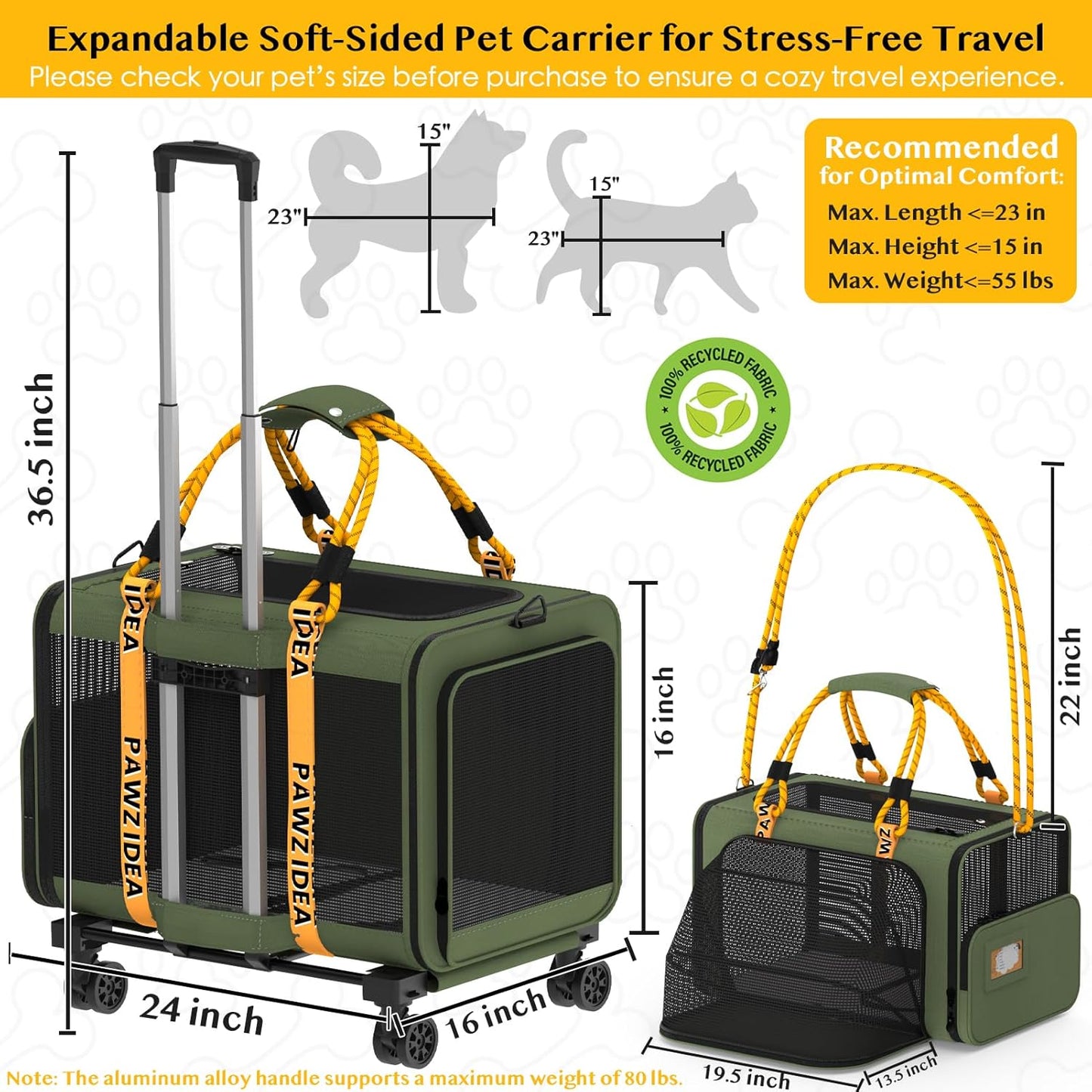 PAWZIDEA Expandable Pet Carrier with Wheels, 24x16x16in Large Cat Carrier for 2 Cats, Soft-Sided Dog Carriers for Small Medium Dog, Collapsible Rolling Travel Bag w/Telescopic Handle, XL Stroage Bag