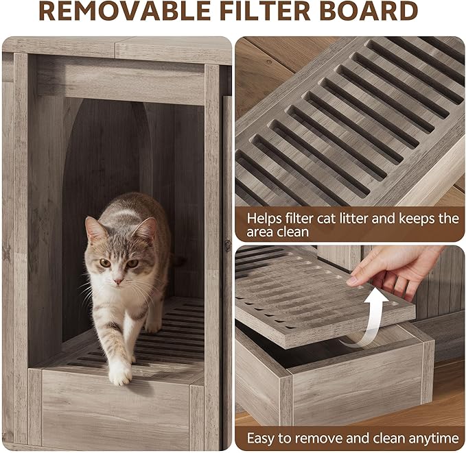 Cat Litter Box Enclosure with Litter Collector, 59'' Double Litter Box Enclosure for 2 Cats, Hidden Litter Box Furniture for Indoor Cats Large Adult, Cat House, Side Table, TV Stand, Grey