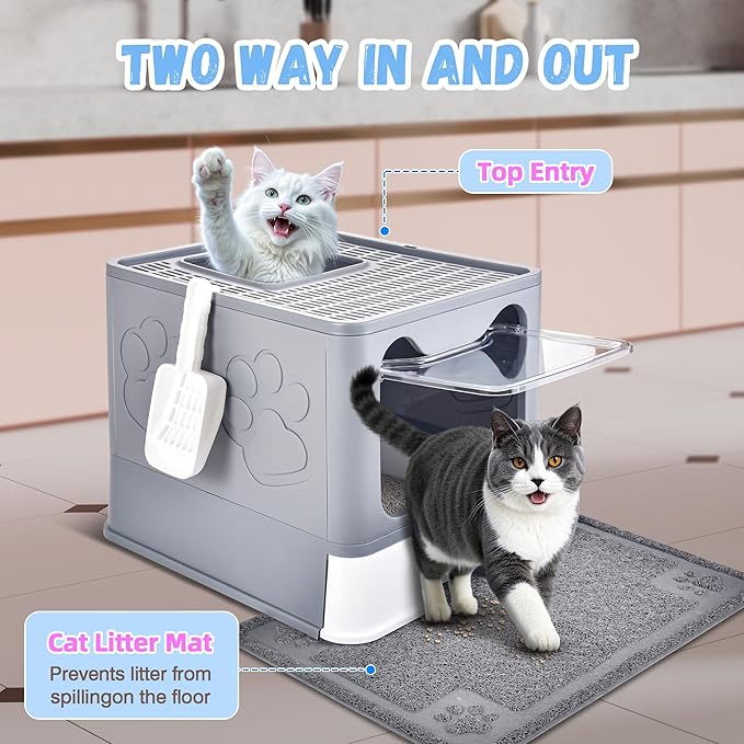 Cat Litter Box with Litter Mat, Foldable Extra Large Free in and Out/One-Way with Lid, Drawer Type Enclosed Kitty Litter Box,Odor Control Anti-Splashing Easy Cleaning (Medium Grey)
