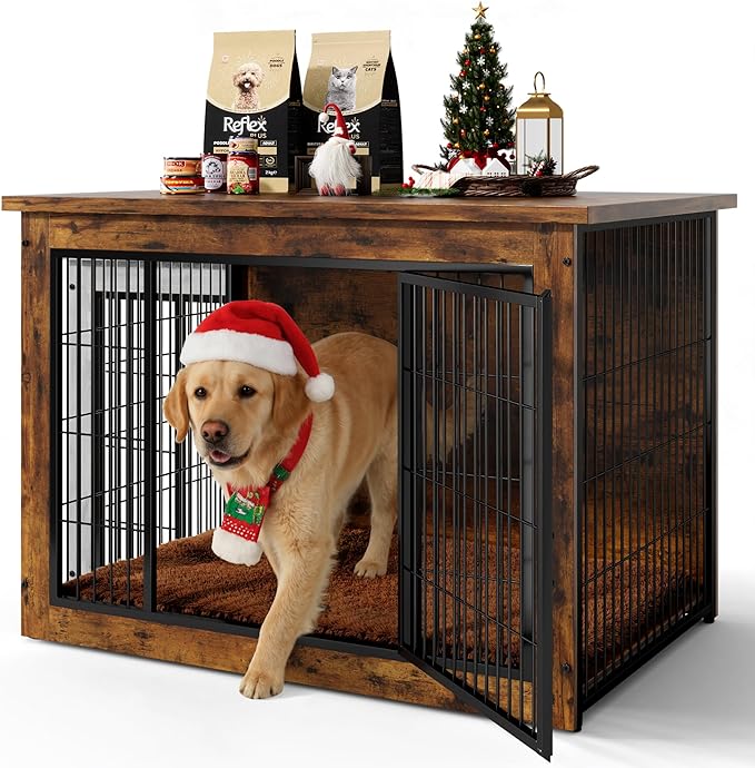 Dog Crate Furniture with Thick Cushion, Side End Table Wooden Dog Cage with Double Doors, Chew-Resistant Dog Kennel Dog House Indoor for Small to Large Dog