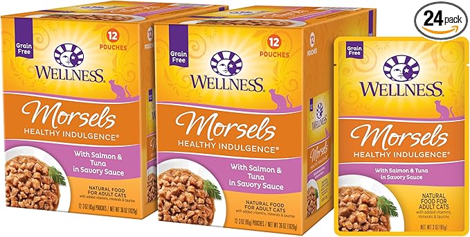 Wellness Healthy Indulgence Morsels Adult Wet Cat Food, Natural, Protein Rich, Grain Free, Salmon and Tuna Recipe, 3 oz, Pack of 24 Pouches