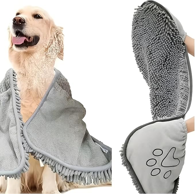 Super Absorbent Dog Drying Towel - 24.4''x10'' Chenille Microfiber Pet Bath Towel with Dual Hand Pockets, Quick Dry Soft Grooming Towel for Small Medium Large Dogs and Cats, Machine Washable (Gray)