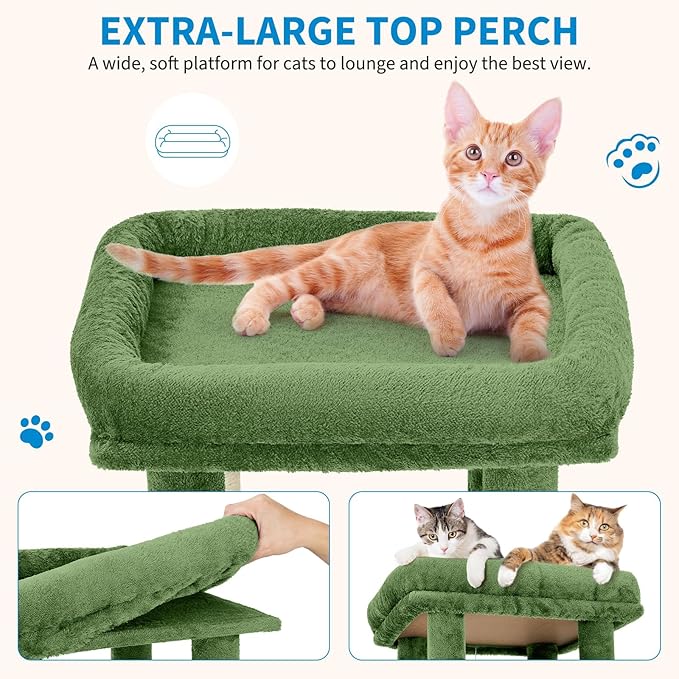 GarveeLife 61" Multi-Level Cat Tree for Indoor Cats, Heavy-Duty Tower for Large Adult & Maine Coon Cats with Oversized Perch, Dual Condos, Natural Sisal Scratching Posts & Play Toys – Green
