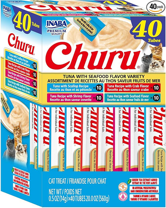 INABA Churu Cat Treats, Lickable, Squeezable Creamy Purée Cat Treat with Green Tea Extract & Taurine, 0.5oz. Each Tube, 40 Tubes, Tuna with Seafood Flavor Variety