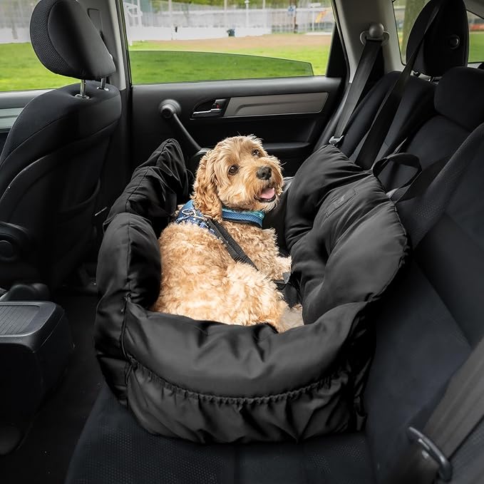 JACKO & CO Premium Dog Car Seat – Safe & Cozy Travel Bed Carrier for Small Dogs, Puppies, Pets, Clip-On Leash, Storage Pockets, Water-Resistant, Machine Wash (Black, Standard Medium (25-40 lbs))
