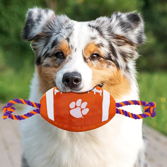 NCAA Clemson Tigers Football Dog Toy, Tough Quality Nylon Materials, Strong Pull Ropes, Inner Squeaker, Collegiate Team Color