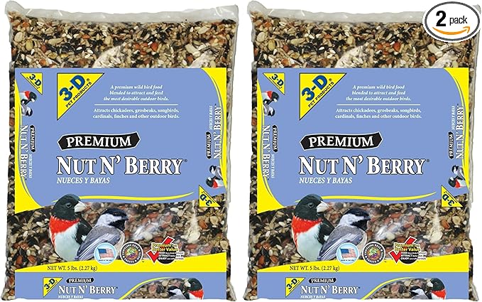 3-D Premium Nut N' Berry Wild Bird Food – Real Fruits, Nuts & Sunflower – No Fillers – Fortified with Vitamins & Electrolytes – Attracts Songbirds, Woodpeckers, Cardinals & More (Pack of 2)
