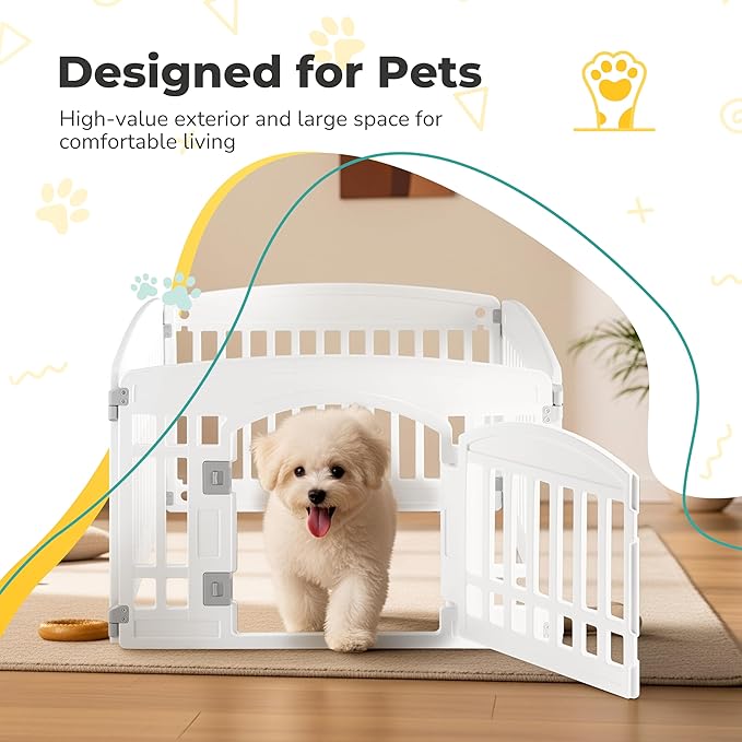 24" Plastic Dog Playpen 4-Panel Durable Pet Playpen for Puppies & Small/Medium Dogs, Portable & Foldable Pet Fence with Secure Locking Door, White