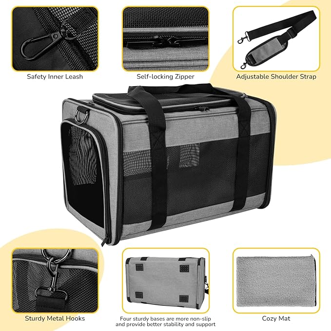Hipubby Cat Carrier Dog Carrier for Pets Up to 16 Lbs, Soft-Sided Pet Travel Carrier for Cats and Small Dogs, Airline Approved Pet Carrying Case with Shoulder Strap & Removable Mat - Grey