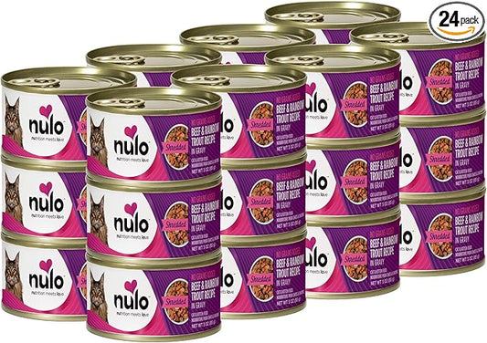 Nulo Beef & Rainbow Trout Grain-Free Shredded Wet Canned Cat Food, 3 Ounce (Pack of 24)