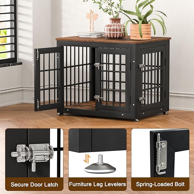 rehomerance 26 Inch Heavy Duty Dog Crate Furniture for Small Dogs, Decorative Pet House End Table, Wooden Cage Kennel Furniture Indoor, Rustic Brown