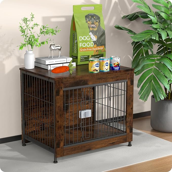 Escape Proof Decorative Dog Crate Furniture with Wooden Top, 27in Furniture Style End Table and Secure Indoor Kennel, Anti Anxiety for All Breeds, Aged Black