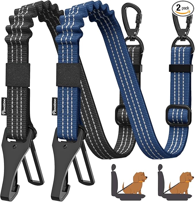 Pawaboo 2Pack Dog Seatbelt for Car, 3-in-1 Dog Car Seat Belt, Shockproof Dogs Tether with Buckle & Hook Latch, Adjustable Reflective Dogs Cars Harness Leash with 360° Lockable Buckle, Indigo/Black